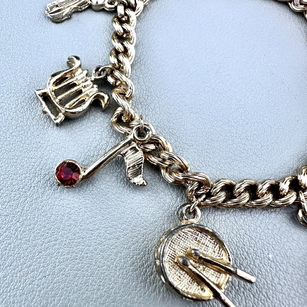 Vintage Musical Instruments Charm Bracelet Gold Tone Rhinestone Notes Chain - Picture 5 of 5